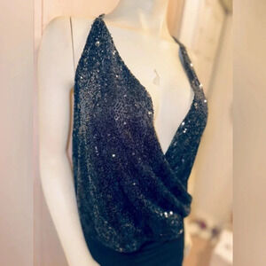 LOVE ON A HANGER SEXY BLACK SEQUIN PLUNGING NECKLINE TANK TOP LARGE